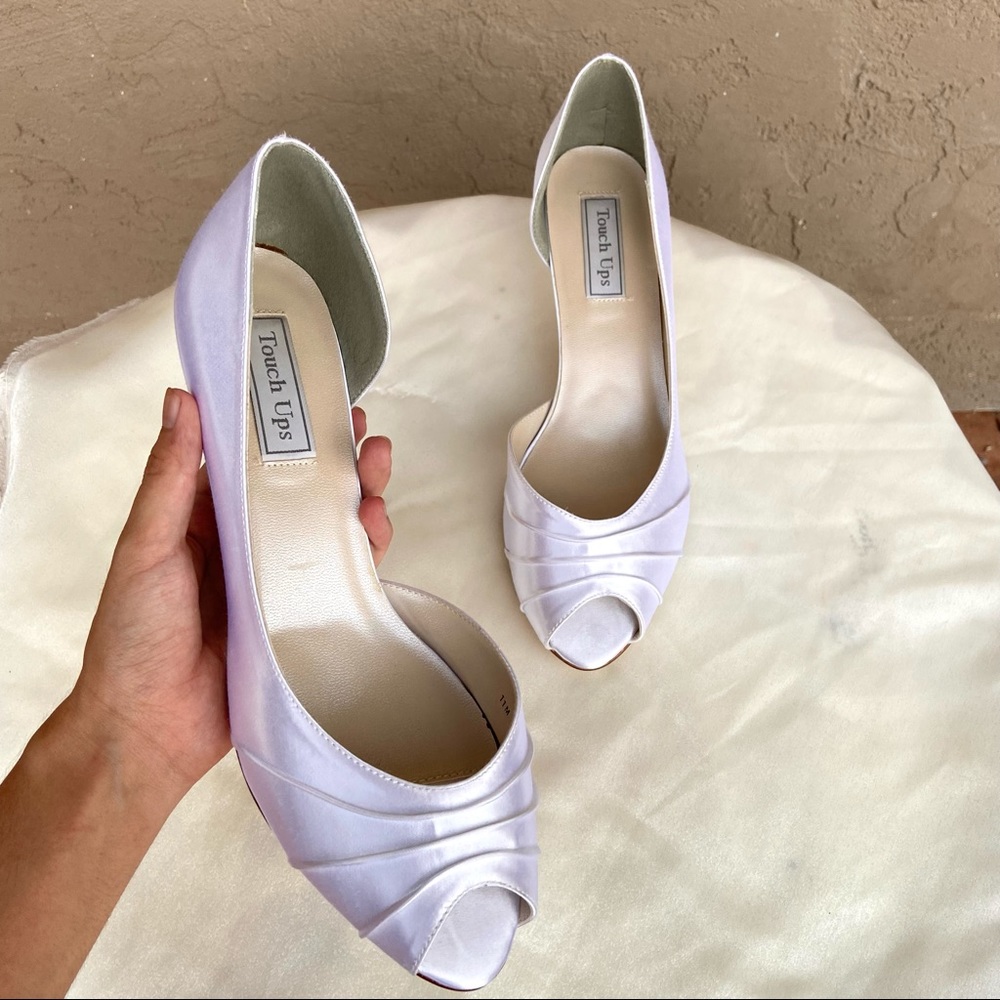 White satin heels in “Abby” by Touch Ups